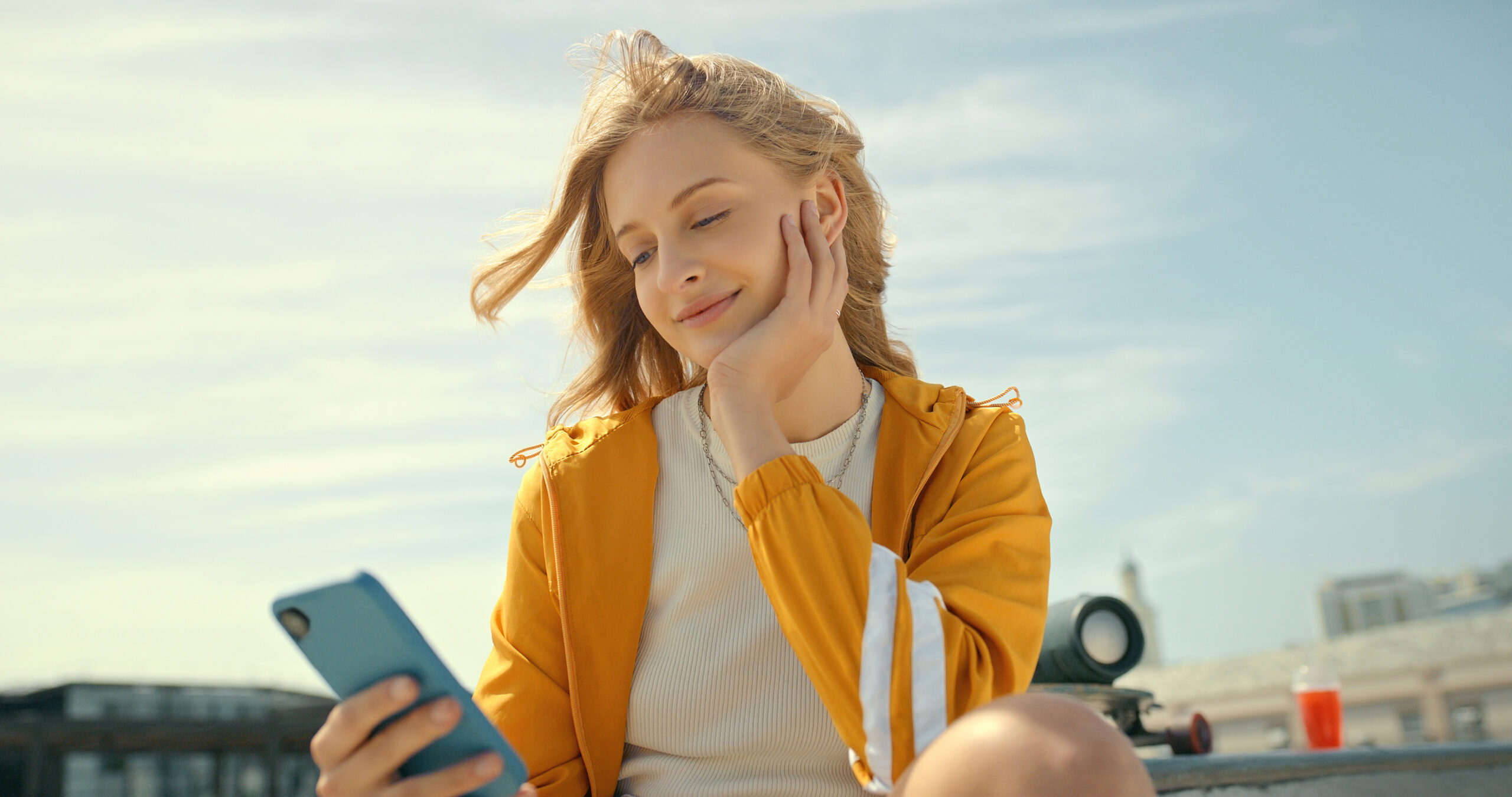 Relax, phone and woman typing in city, texting or web scrolling outdoors in street. Technology, 5g cellphone and happy female with mobile smartphone for internet browsing, online dating or messaging.