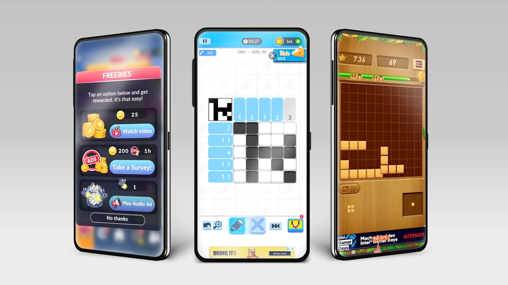 3 Mobiles mit jeweils Games in Ansicht